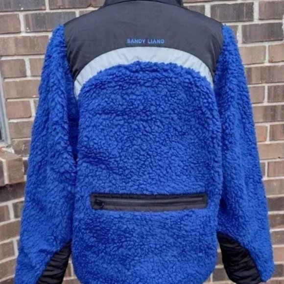 Sandy Liang Rushi Shearling Sherpa Jacket Blue Black Fleece Zip Up Coat L NWOT - Picture 8 of 14
